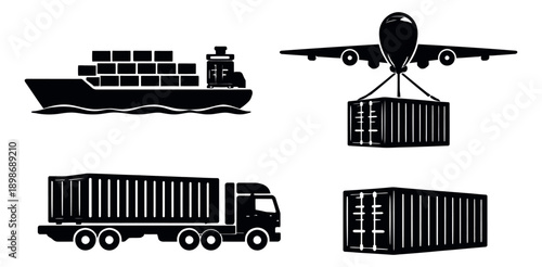 Minimalist icon transportation set featuring a cargo ship, airplane, truck, and container for global freight logistics
