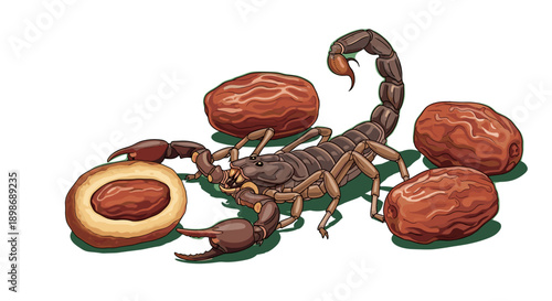 Digital Art of A Cartoon Scorpion Guarding Dried Dates - Desert Food Concept, Middle Eastern Cuisine, Symbol of Protection - isolated on transparent background