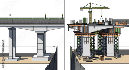 Bridge Construction and Completion Stages Vector Illustration: Engineering Progress, Infrastructure Development, Isolated on transparent background, Showing Design and Execution