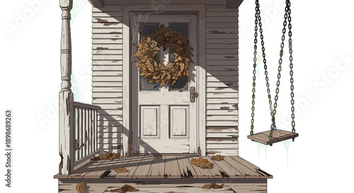 Abandoned House Front Porch with Swing, Vector Illustration, Haunted and Forgotten, Autumnal Wreath, Isolated on Transparent Background, Detailed Drawing