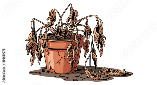 Sad Dead Plant in Cracked Pot Vector Illustration - Symbol of Neglect, Depression, and Failure - Despair Concept - Isolated on transparent background.