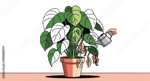 Caring for houseplants vector illustration. Hand watering dying houseplant with watering can, symbol of care and growth isolated on transparent background.
