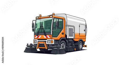 Cartoon Street Sweeper Truck - Cleaning Service Vehicle - Municipal Hygiene Concept - Vector Illustration isolated on transparent background.