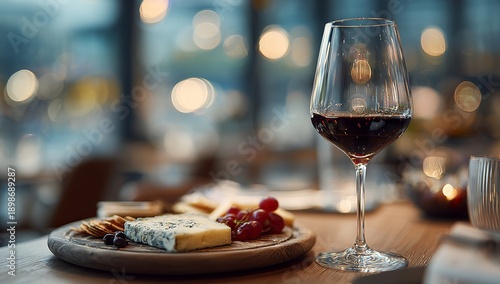 A glass of red wine and a cheese plate with grapes and crackers on a wooden table wine glass