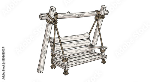 Cartoon Wooden Swing, Rustic Style. Outdoor Garden Fun. Represents Calm, Relaxation, Nostalgia and Country Life, isolated on transparent background