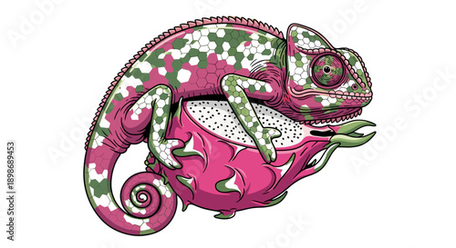 Vibrant Chameleon Resting on Dragon Fruit, Exotic Pet Illustration for Food Packaging Design, Mascot Graphic, Isolated on transparent background.