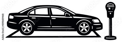Graphic illustration of a car and parking meter depicting city parking for urban transportation