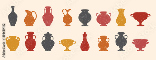 Textured ceramics vase silhouette set. Ancient amphora, greek antiques vases. Different old pottery and vessels, clay pitchers, jug. Creative decor flat vases shapes 