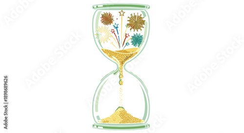 Time Flies: Hourglass with Fireworks and Flowing Sand, Deadline Concept Isolated on transparent background. Countdown to New Year, Anniversary Celebration, Important Event.
