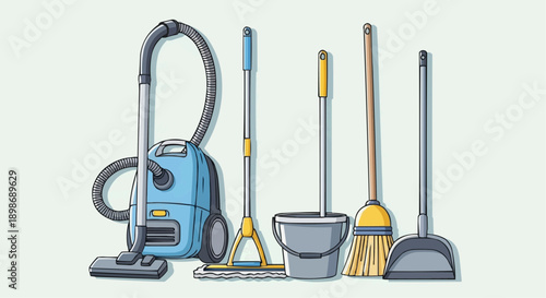 Assorted Cleaning Tools and Equipment Arranged Together for Household Chores and Maintenance