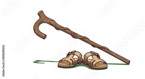 Pilgrim's Staff, Sandals and Shell – Symbol of Journey and Faith - Camino de Santiago Vector Illustration, Hiking Equipment, Isolated on transparent background.