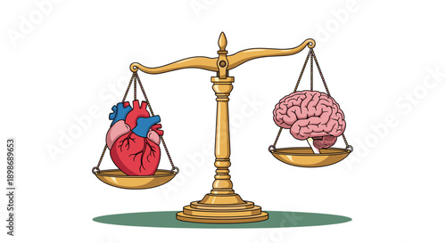 Heart and Brain Balance: Emotional Intelligence vs Logic on Golden Scales. Love or Reason Concept. Isolated on transparent background. Vector Illustration.