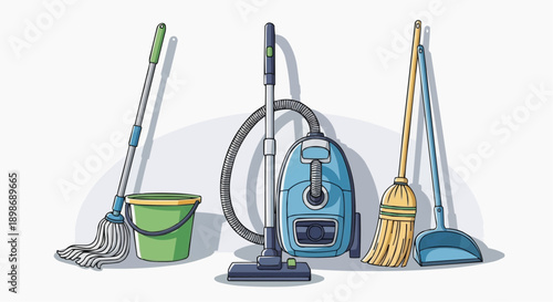 Cleaning equipment arranged neatly with vacuum, mop, brooms, and dustpan for household chores and maintenance tasks from a straightforward viewpoint.
