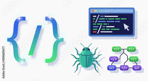 Software development concept illustration featuring coding symbols, a bug, and a flowchart diagram on a clean background from a straightforward viewpoint