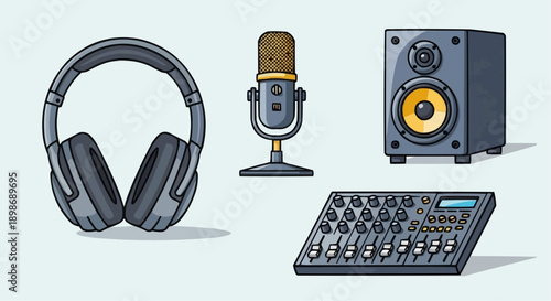Audio equipment setup illustration featuring headphones, microphone, speaker, mixer, and soundboard from a straightforward viewpoint
