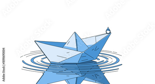 Paper Boat Floating, Water Drop, Minimalist Style, Hope, Isolated on transparent background. Childhood Dream, Origami, Vector Illustration, Calmness, Nostalgia, Dream.