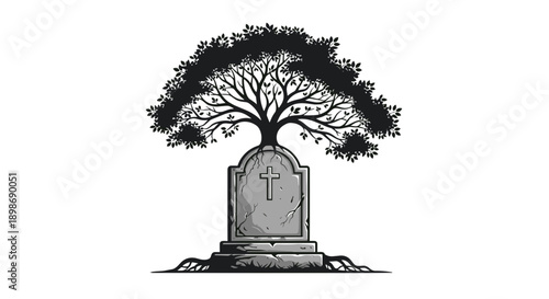 Tombstone Tree of Life Vector: Gothic Symbolism, Death and Rebirth Metaphor, Remembrance Illustration isolated on transparent background