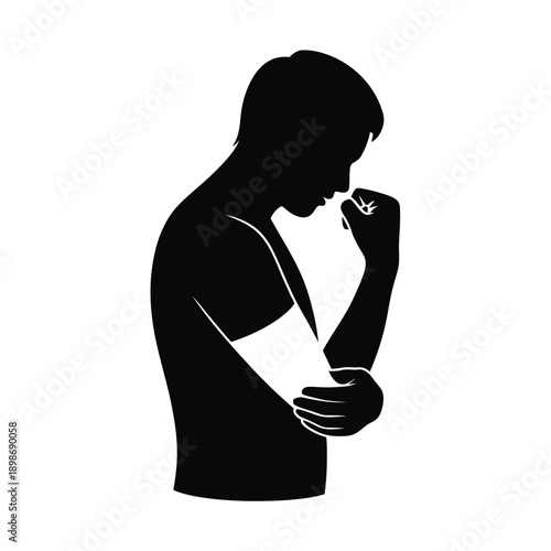 Silhouette of a person in a thoughtful pose with a flower in hand. isolated on white background, Vector, illustration
