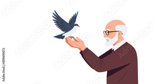 Senior Man with Bird in Hands: Hope, Freedom and Release - Isolated on transparent background. Symbolic Illustration, Elderly Care, Wellbeing Concept Design