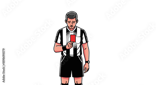 Sad Soccer Referee Showing Red Card, Isolated on Transparent Background. Cartoon Illustration of Upset Football Official Holding Card. Sports Discipline and Fair Play Concept.