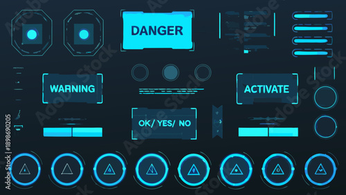 Futuristic user interface elements with warning danger and activation indicators