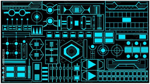 Abstract futuristic interface elements in cyan on a black background
