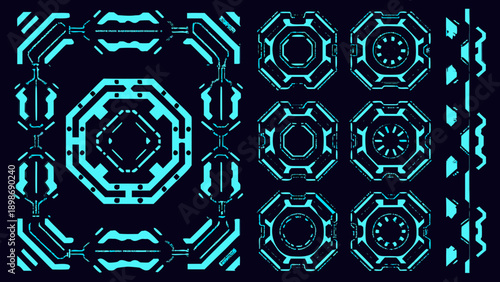 Geometric cyan patterns resembling futuristic technology or circuit board elements
