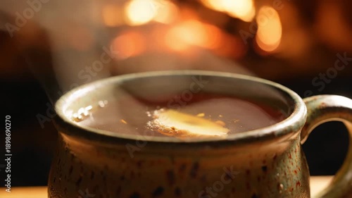 Steaming mug of warm ginger tea with a slice of lemon in cozy fireplace glow
