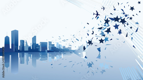 A modern cityscape with a burst of stars and dynamic light trails