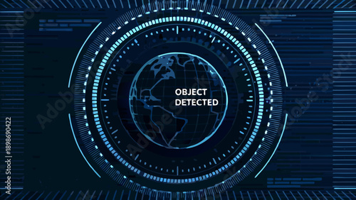 Digital radar screen displays a globe with an object detected notification