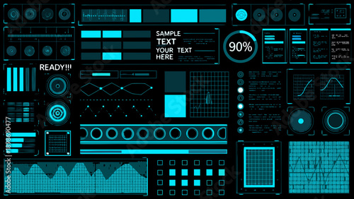 Futuristic user interface elements with teal glowing lines on a dark background