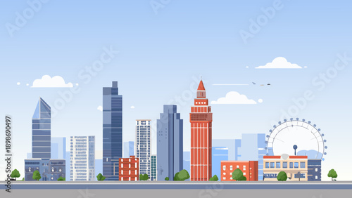 A flat vector illustration depicting the london skyline with iconic landmarks