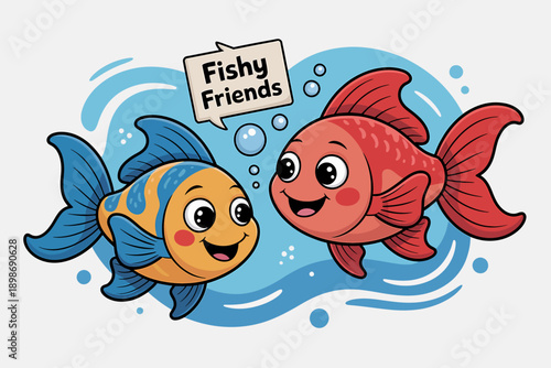 Fishy Friends: Animated depiction of two vibrant, cartoonish fish, happily interacting amidst a backdrop of bubbly water, a speech bubble adds a layer of narrative and a sense of camaraderie. 