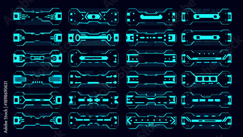 Futuristic user interface elements in teal on a dark background