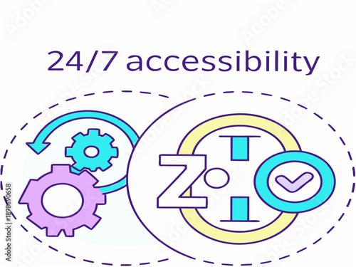 Illustration depicting 24 7 accessibility with gears and a checkmark