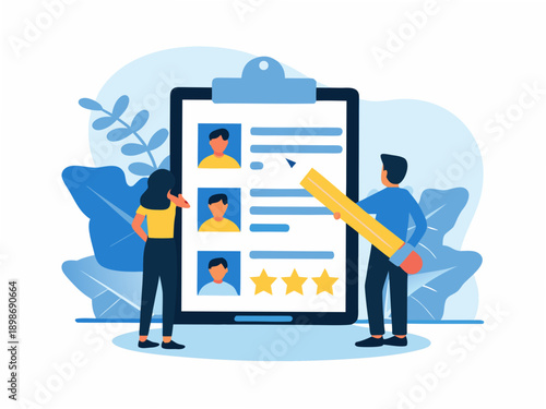 Team reviewing candidate profiles on a digital clipboard interface
