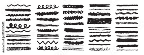 Chalk lines and squiggles, underlines hand drawn doodle thick line border, swoosh. Textured crayon brush scribble strokes