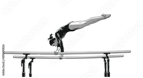 A woman in a black leotard doing a handstand on a balance beam