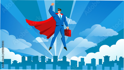 A businessman dressed as a superhero flies above a city skyline