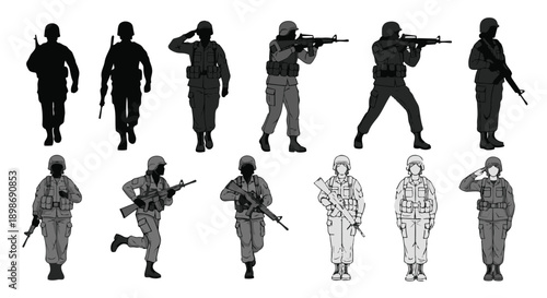 Soldiers in various poses with guns