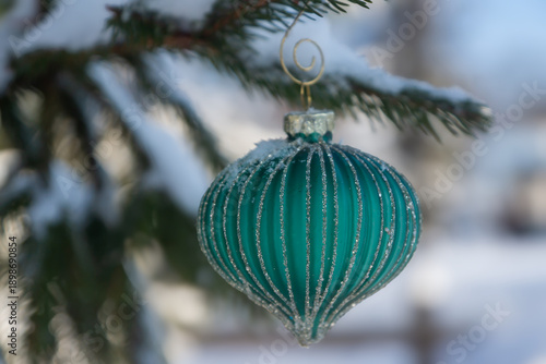 Winter park and New Year trees decorated with toys.