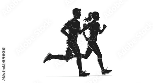 Black silhouette of a man and woman running together in sync