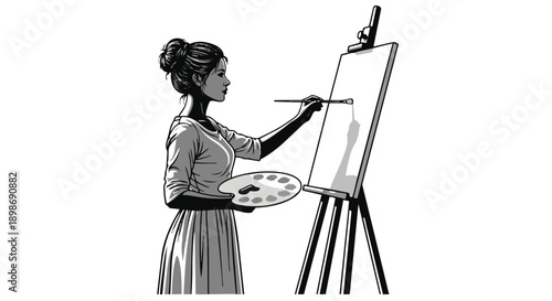 Woman artist painting on an easel with a palette in her hand