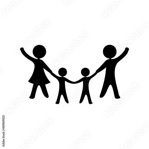 family of four holding hands and celebrating together happily