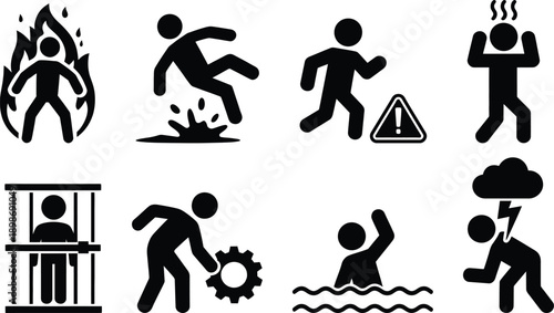 Diverse safety icons representing various hazards and emergency situations