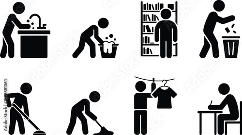 A collection of icons depicting various household chores and activities