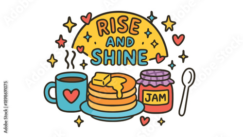 A colorful illustration of a breakfast scene with pancakes and coffee