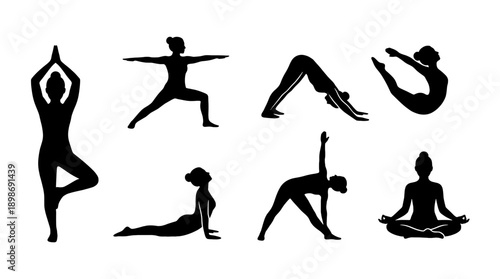 Yoga poses silhouette showing various stretches and exercises for well-being