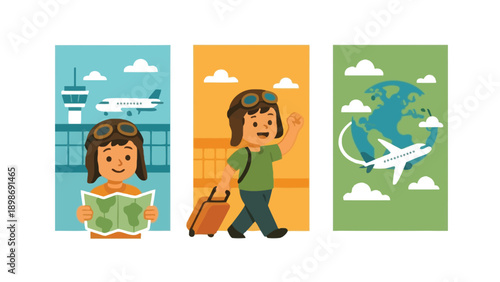 A cartoon illustration of a traveler with a suitcase and map