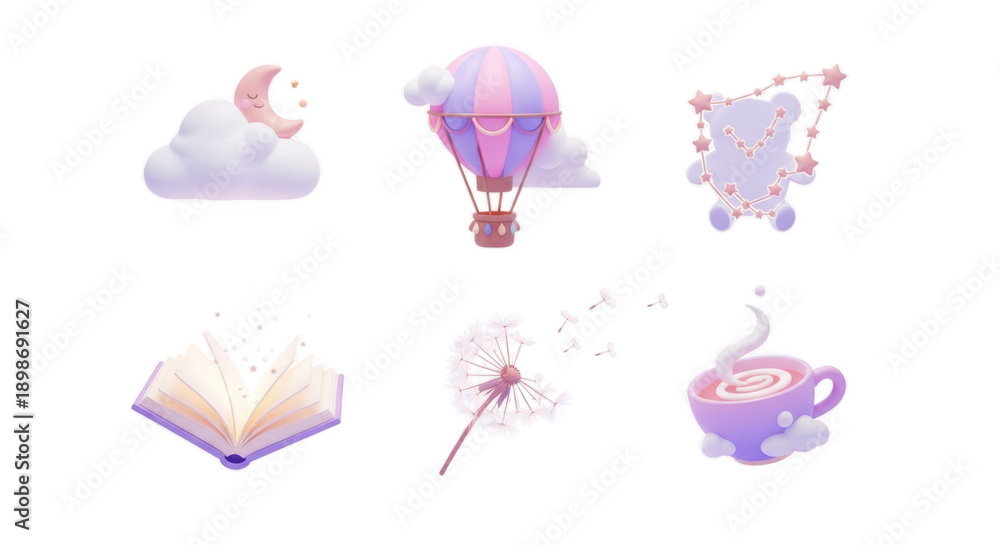 Fototapeta premium Cute pastel dream elements featuring balloon teddy bear moon dandelion coffee cup and book isolated on transparent background